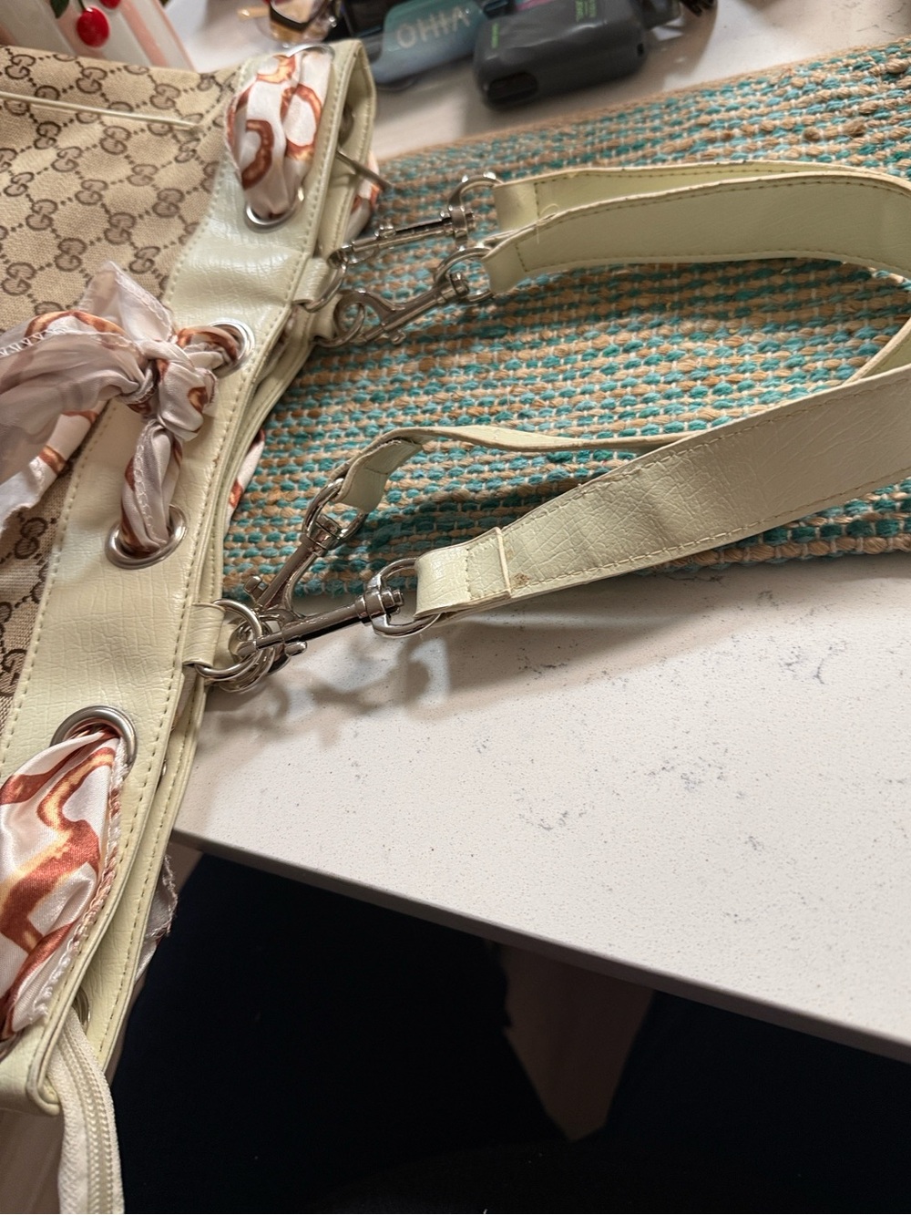 Beige Monogram Canvas Tote with Cream Trim and Scarf Accent - Picture 4 of 9